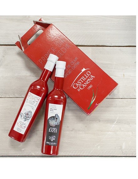 Geschenkpakket Olijfolie Picual & Arbequina eerste dag van oogsten BIO 2 fles 500ml. Castillo de Canena 