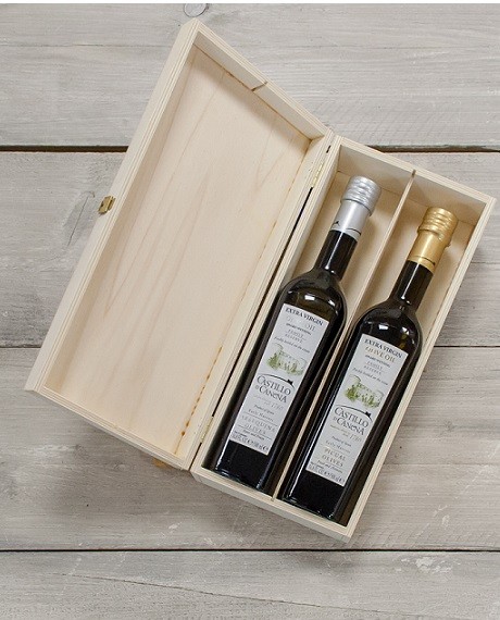 Geschenkpakket Olijfolie Picual & Arbequina Family Reserve BIO kist grenen 2 fles 500ml. Castillo de Canena