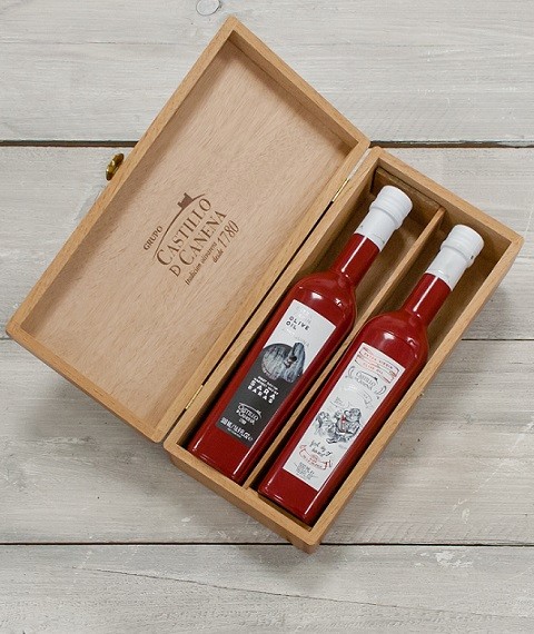 Geschenkpakket Olijfolie Picual & Arbequina eerste oogst BIO kist eiken 2 fles 500ml. Castillo de Canena