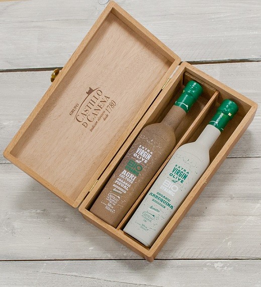 Geschenkpakket Olijfolie DEMETER kist eiken 2 fles 500ml. Castillo de Canena