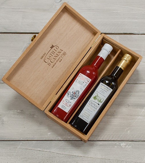 Geschenkpakket " Culinario Un" Olijfolie Picual BIO kist eiken 2 fles 500ml. Castillo de Canena 