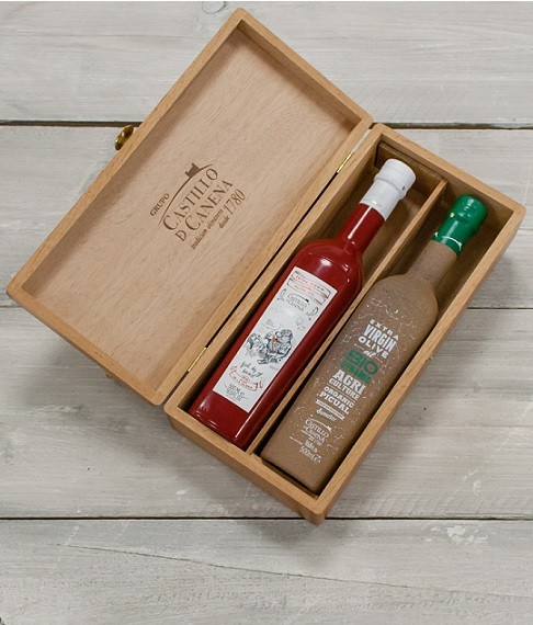 Geschenkpakket "Culinario Dos" Olijfolie Picual BIO/DEMETER kist eiken 2 fles 500ml. Castillo de Canena 