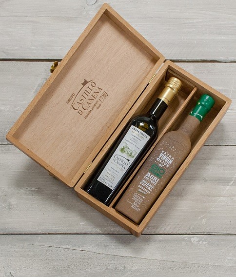 Geschenkpakket "Culinario Tres" Olijfolie Picual BIO/DEMETER kist eiken 2 fles 500ml. Castillo de Canena