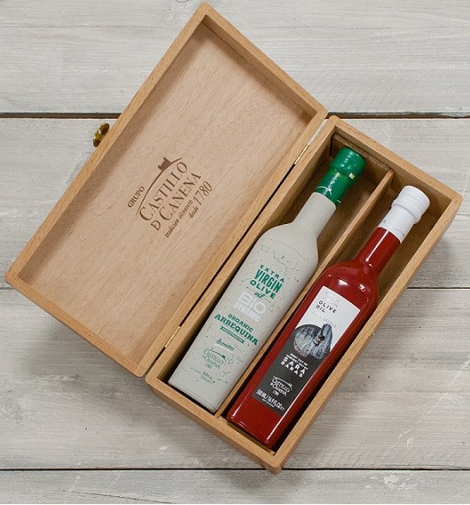Geschenkpakket "Culinario Dos" Olijfolie Arbequina BIO/DEMETER kist eiken 2 fles 500ml. Castillo de Canena