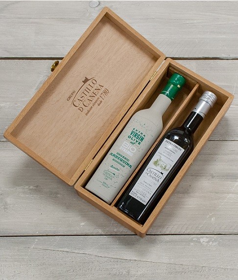 Geschenkpakket "Culinario Tres" Olijfolie Arbequina BIO/DEMETER kist eiken 2 fles 500ml. Castillo de Canena