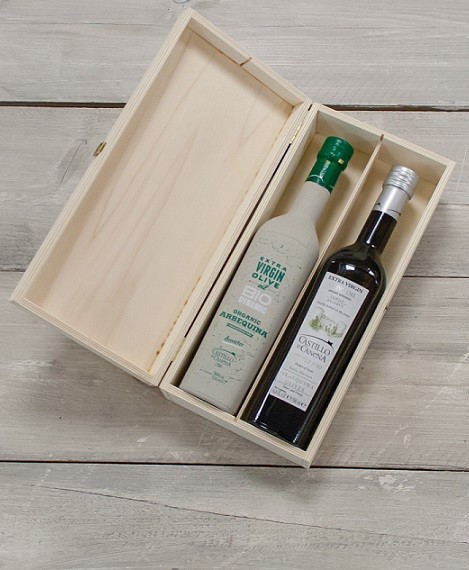 Geschenkpakket "Culinario Tres" Olijfolie Arbequina BIO/DEMETER kist grenen 2 fles 500ml. Castillo de Canena