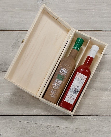 Geschenkpakket "Culinario tres" Olijfolie Picual BIO/DEMETER kist grenen 2 fles 500ml. Castillo de Canena